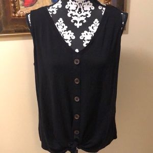 WHBM V-Neck, wood button down detail knotted hem lightweight comfy top